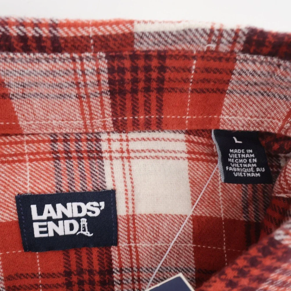NEW Lands' End Plaid Flannel Button Down Shirt Orange Long Sleeve Mens Large